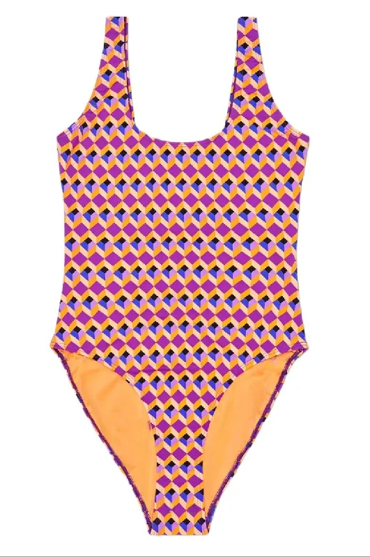 HAPPY SOCKS Women's Orange Optic Square One-Piece Swimsuit NWT Plunge Neckline Swimsuit HAPPY SOCKS Women's Orange Optic Square One-Piece Swimsuit NWT Plunge Neckline Swimsuit