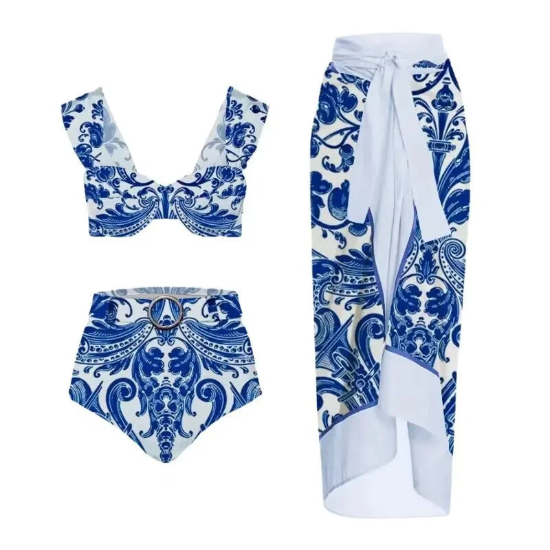 Lonkey Women Swimsuit Blue White Porcelain Printed Three Piece Split Swimsuit Women Ruffled Swimsuit Top Lonkey Women Swimsuit Blue White Porcelain Printed Three Piece Split Swimsuit Women Ruffled Swimsuit Top