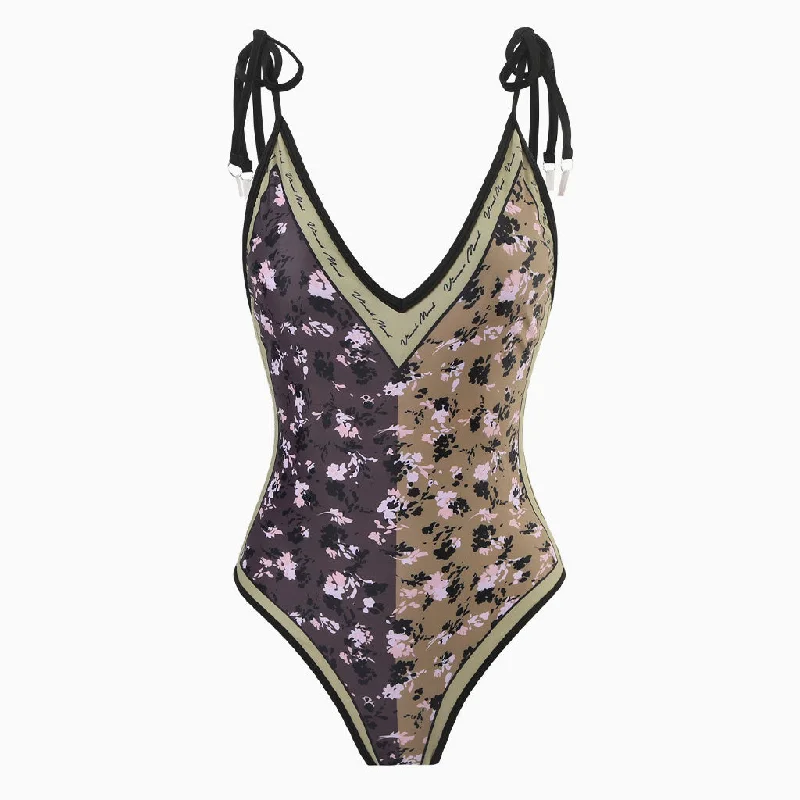 Vintage Printed Cheeky Bow Tie String V Neck Reversible One Piece Swimsuit Tie-Back Swimwear Vintage Printed Cheeky Bow Tie String V Neck Reversible One Piece Swimsuit Tie-Back Swimwear